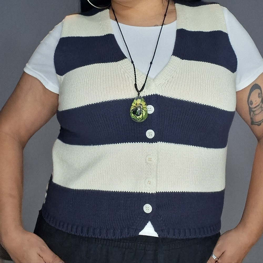 VTG Adiranne Vittadini Striped Navy and Cream Sweater Vest